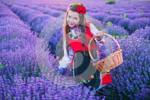 Bulgarian woman in traditional folklore costume picking lavender in basket during sunset. Young girl in a field.