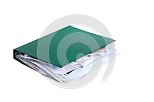 Bulging green binder filled with paperwork