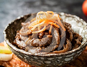 bulgogi, from Korean cuisine, beef cut into strips and marinated with soy sauce, sugar, sesame oil and garlic and cooked on the