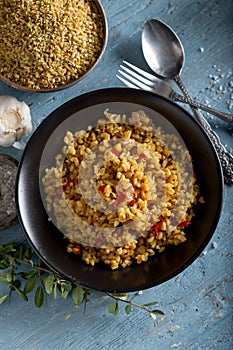 Bulgur pilaf with lentil green, red and yellow and vegetable