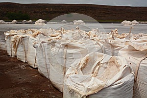 Bulk bags of salt on the salinas. Pedra de Lume. Sal island. Cape Verde