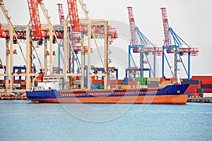 Bulk cargo ship under port crane