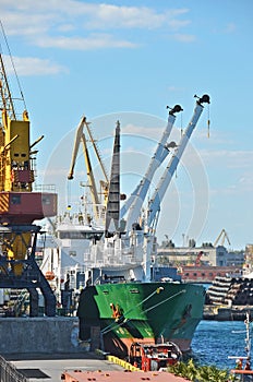 Bulk cargo ship under port crane