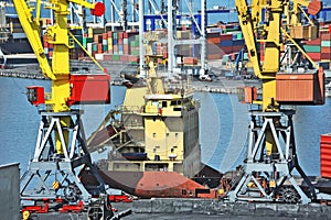 Bulk cargo ship under port crane