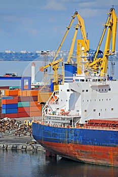 Bulk cargo ship under port crane