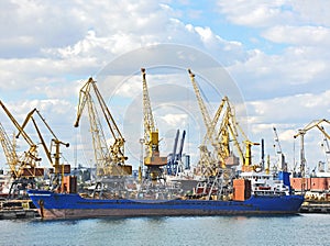 Bulk cargo ship under port crane