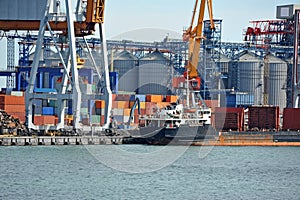 Bulk cargo ship under port crane