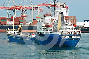 Bulk cargo ship under port crane