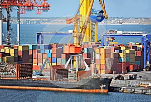 Bulk cargo ship under port crane