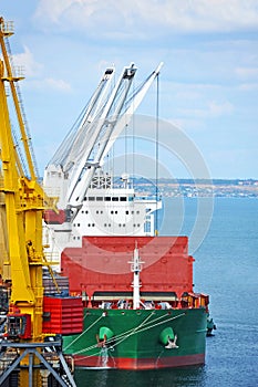 Bulk cargo ship under port crane