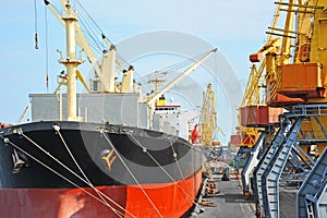 Bulk cargo ship under port crane