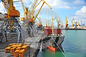 Bulk cargo ship under port crane