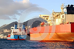 Bow view of bulk carrier ship Leonid Loza anchored in Algeciras bay in Spain.