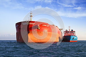 Bow view of bulk carrier ship Leonid Loza anchored in Algeciras bay in Spain.