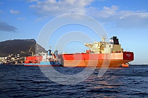 Bow view of bulk carrier ship Leonid Loza anchored in Algeciras bay in Spain.