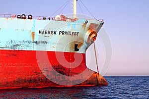 Bow view of bulk carrier ship Maersk Privilege anchored in Algeciras bay in Spain.