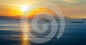 Bulk-carrier Ship At Sunset In The Sea On Sunset. Gelendzhik, Ru