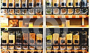 Bulk food store texture dispenser bins shelves sustainable zero waste eco friendly shop market photo