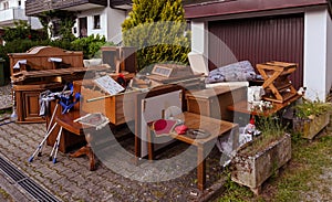 Bulky waste in front of a house in Baden Baden. Baden-Wrttemberg, Germany