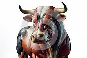 bull anatomy showing body and head, face with muscular system visible isolated on solid white background. ai generative