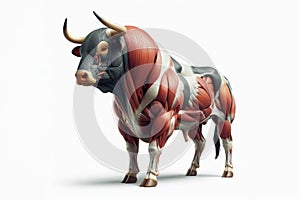 bull anatomy showing body and head, face with muscular system visible isolated on solid white background. ai generative