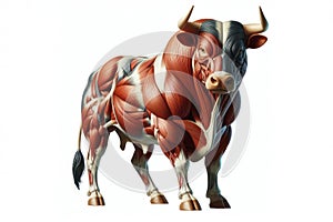 bull anatomy showing body and head, face with muscular system visible isolated on solid white background. ai generative