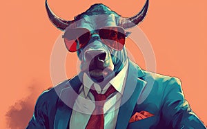 bull animal in the form of a man in a suit and sunglasses, a good leader, the boss, director, generative ai