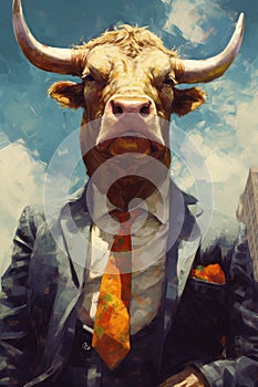 bull animal in the form of a man in a suit and sunglasses, a good leader, the boss, director, generative ai