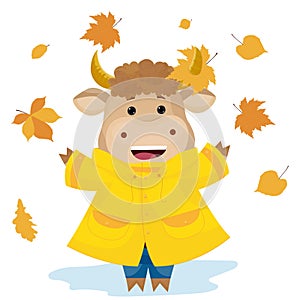 Bull in autumn leaves.Vector illustration