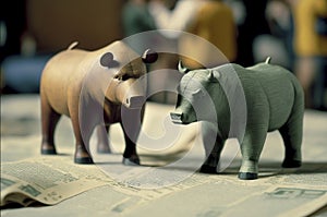 Bull and bear on a financial newspaper. ai generative.
