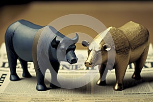 Bull and bear on a financial newspaper. ai generative.