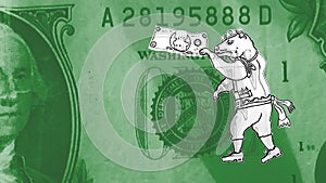 Bull or Bear Market: Bear dressed as matador taunts a bull with green money.