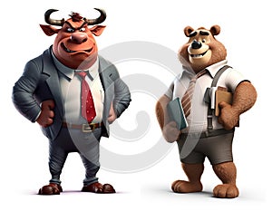 The bull and bear mascot are competing to fight, concept of stock market