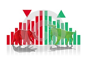 Bull and Bear Paper art with Green and Red bar chart and arrow f