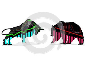 Bull and bear shapes With stock market trend symbols on vector white background