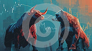 A bull and a bear on the stock exchanges. The bull, representing optimism and upward market trends. The bear, symbolizing