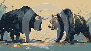 Bull and Bear in Stylized Market Battle. Illustration created with Generative AI