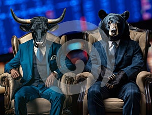 Bull and bear in a suits sitting on an armchairs against the backdrop of trading on the stock exchange