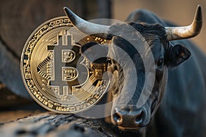 Bull with bitcoin. Bullish trend concept.