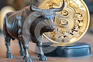 Bull with bitcoin. Bullish trend concept.