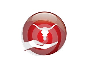 Bull buffalo head in hand red round glossy icon