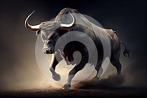 bull, charging forward with its horns lowered in attack