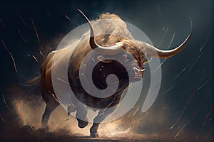 bull, charging forward with its horns lowered in attack