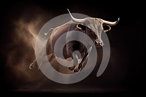 bull, charging headfirst, against black background