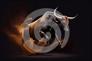 bull, charging headfirst, against black background