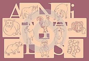 Bull, cock, goat, monkey, pig, rabbit, rat, sheep, snake, tiger