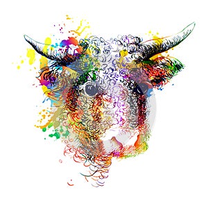 Bull, cow, bison, buffalo head portrait. Digital colourful painting