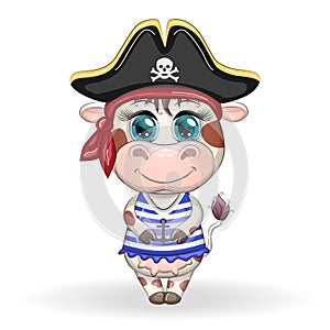 Bull, cow pirate, cartoon character of the game, wild animal in a bandana and a cocked hat with a skull, with an eye