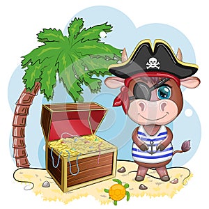 Bull, cow pirate, cartoon character of the game, wild animal in a bandana and a cocked hat with a skull, with an eye