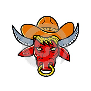 Bull Cowboy Hat Mono Line Art